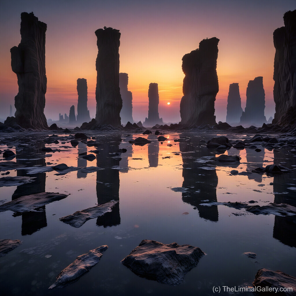 Golden pillars glowing beneath a warm sunset, rising from reflective waters to blend natural and surreal beauty.